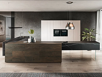 Einbauküche mit Insel aus Marmor und XGlass LAGO 36E8 1094 Fabrik LAGO aus Italien