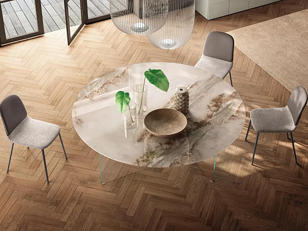 Runder Tisch mit Glasbasis und Marmor-Effekt LAGO Xglass Base Air Slim 2260x 2260X Fabrik LAGO aus Italien. Foto №1