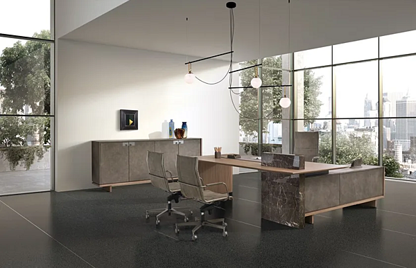 Niedrige Holz-Bürospeichereinheit mit Lederbezug i 4 Mariani Cartesiano Fabrik i 4 Mariani aus Italien. Foto №3