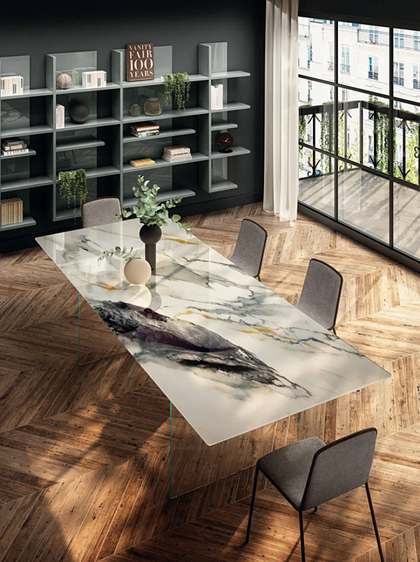 Rechteckiger Tisch mit Glasbasis und Marmor-Effekt Xglass Platte Air Slim 2190x LAGO 2195X Fabrik LAGO aus Italien. Foto №2