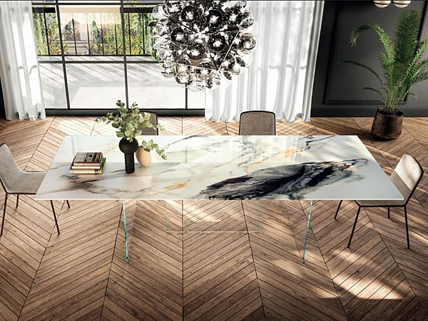 Rechteckiger Tisch mit Glasbasis und Marmor-Effekt Xglass Platte Air Slim 2190x LAGO 2195X Fabrik LAGO aus Italien. Foto №1