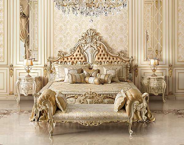 Klassisches Schlafzimmer in hellem Finish mit Bemalung und Vergoldung in Stoffpolsterung Fabrik MODENESE GASTONE aus Italien. Foto №1